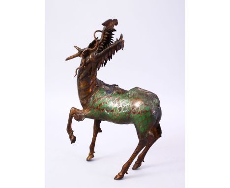 A 19TH CENTURY CHINESE CLOISONNE CENSER OF A KYLIN,  the body of the beast with enamel decoration, cover missing, 28cm high x