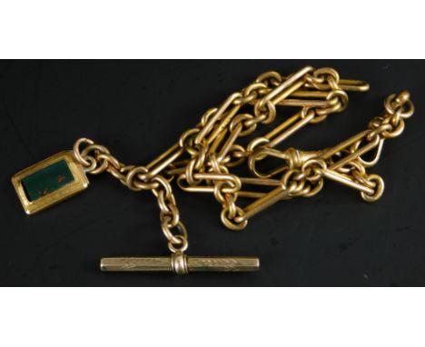 A watch chain, with bar and circular links, and a bloodstone fob, yellow metal, unmarked and an unmarked t-bar on a later cha