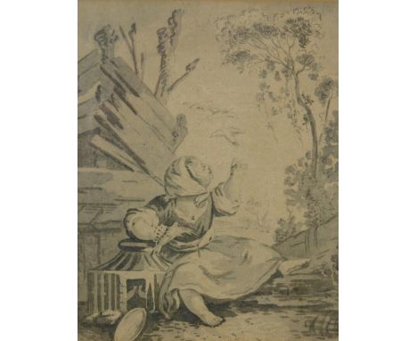 Manner of Boucher. A child with a bird cage inscribed C R, grey wash, 20cm x 17cm.