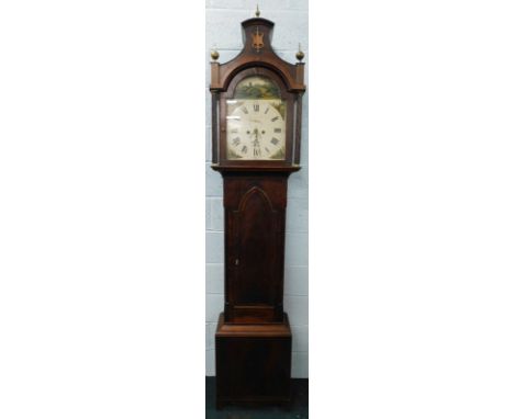 An early 19thC mahogany longcase clock, with painted arched dial signed B Oates Hull, eight day striking movement.