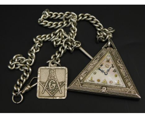 An early 20thC Continental silver Masonic crown wind triangular pocket watch, the mother of pearl dial decorated with various