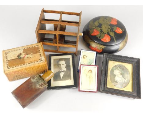 A collection of items, to include a turned wooden box painted with roses, signed N.R., boudoir erotic playing cards (2), a hu
