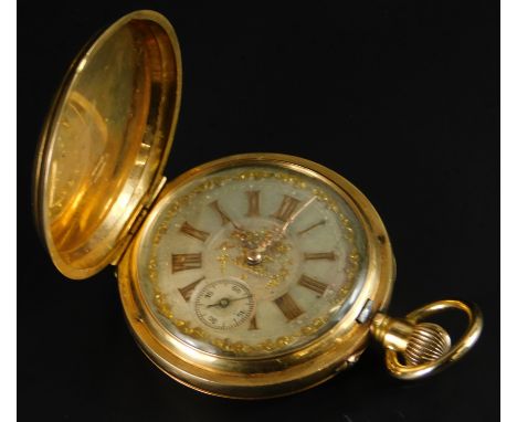 A late 19thC Continental 18ct gold gentleman's full hunter pocket watch, with cream dial, having applied Roman Numerals, seco