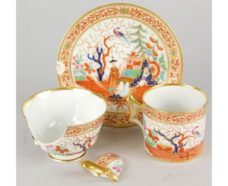A Flight Barr and Barr period Worcester cup and saucer, painted with Chinese figures in a landscape with red ochre, etc., sau