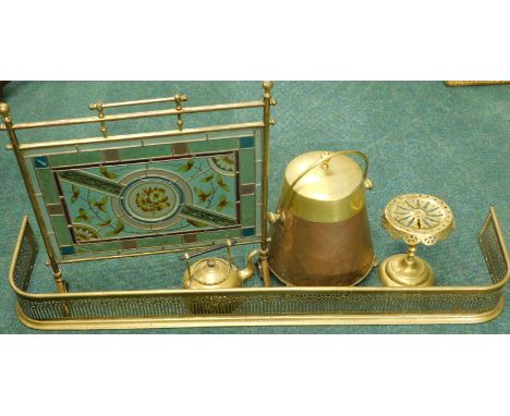 A collection of brass and other items, to include a spark guard with stained glass panel, copper and brass coal bucket, pierc