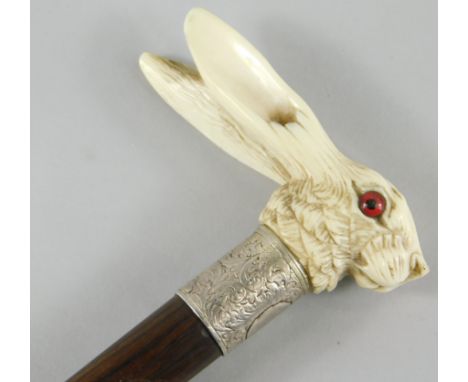 A late 19thC rosewood walking stick, the handle carved in the form of a hare's head, with glass eyes, the white metal collar 