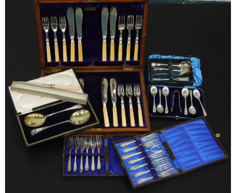 Seven various cased sets of silver plated cutlery and flatware.