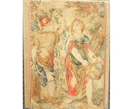 A late 18th/early 19thC Continental Flemish style tapestry panel, depicting people picking grapes etc., 87cm high, 58cm wide.