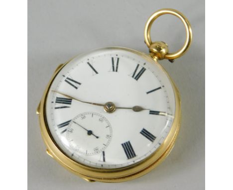 A small 18ct gold pocket watch, the white enamel dial with Roman numerals, the case with engine turned decoration and a centr