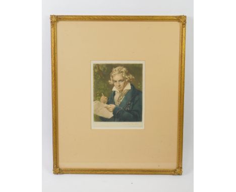 T.Hamilton Crawford. Beethoven, portrait colour print, TJH blind stamp, signed in pencil, plate size, 28.5cm x 24.5cm, framed