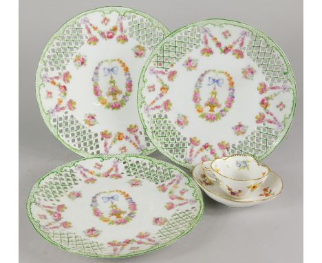 A collection of Continental porcelain, to include a Dresden trefoil shaped cabinet cup and saucer, painted with flower sprays