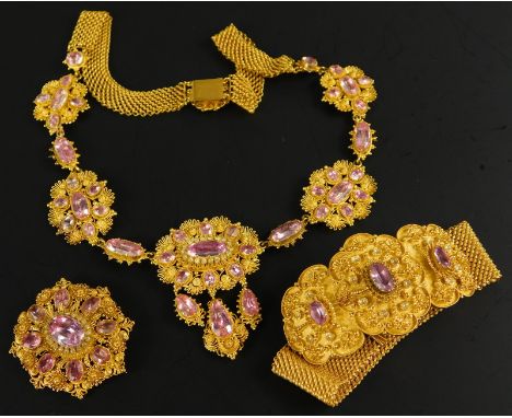 A suite of early 19thC pink topaz jewellery, including brooch, bracelet and necklace, yellow metal, unmarked possibly 22ct.  
