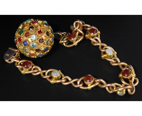 A curb link chain and ball, the chain set with opal and amber, with a large ball fob, yellow metal, unmarked, set with variou