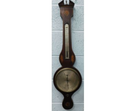 A 19thC mahogany and marquetry inlaid banjo barometer, with silver dial, signed C Faveri, Lincoln.