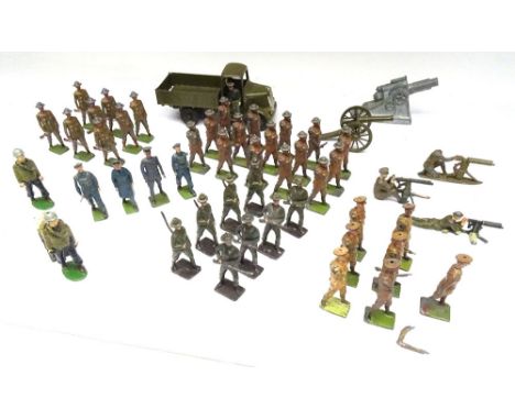 Britains set 1334, four-wheel Army Lorry (door missing) with driver (head loose), various khaki infantry and four RAF, a Char