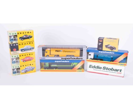 A mixed collection of boxed model cars including Vanguards Capri, Austin A60 Cambridge, Eddie Stobart, Corgi Super haulers et