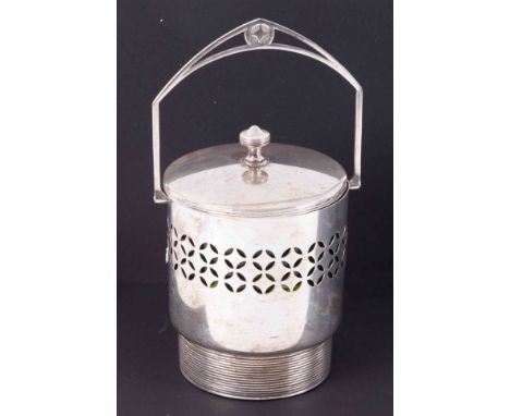 WMF, a silver plated biscuit barrel with green glass liner, swing handle and lid, height to finial 19cm.