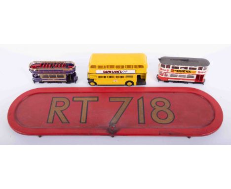 Mixed collection of models including Solido and Corgi buses and trams also RT718 tinplate plaque.