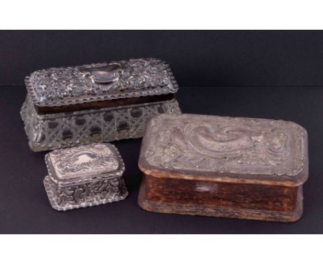 Three Antique silver trinket boxes including glass and wooden base (3).