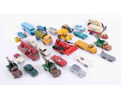 A mixed collection of play worn models including Corgi Bedford Coach, Dinky Supertoys Leyland Comet, Dinky Toys Mercedes Benz