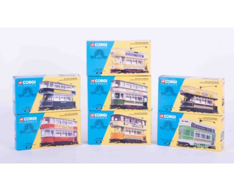 Seven Corgi Classics Tram sets including Leicester, London, Glasgow etc, boxed.