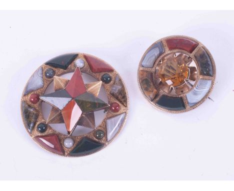 Two antique gold Celtic brooches set with citrine and mixed agates (2).