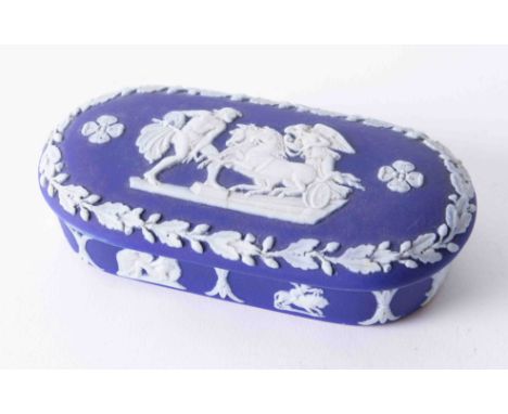 Wedgwood dark blue Jasperware lidded trinket box in very good condition stamped, Wedgwood England to base, 9.50cm.