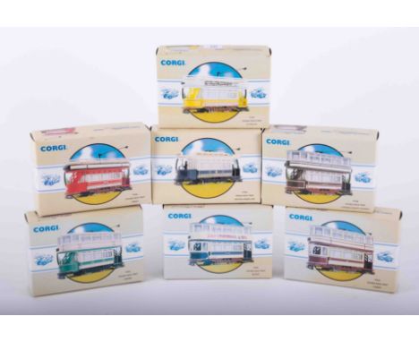 Seven Corgi boxed trams including Paisley, Plymouth, Grimsby etc.