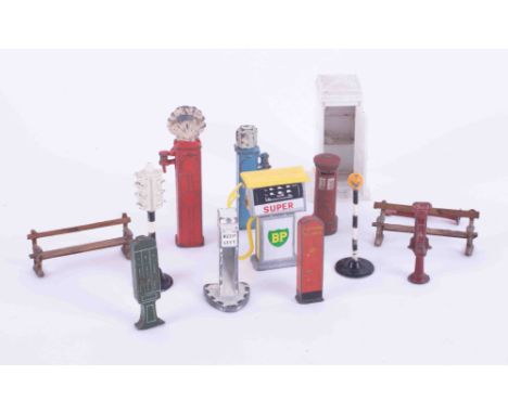 A mixed collection of lead Traffic light system, Benches, Postbox, Petrol Pumps etc.
