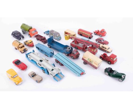 A collection of play worn models including Dinky Toys Singer Gazelle, Dinky Toys Morris 1100, Corgi Toys Smiths Karrier Van, 