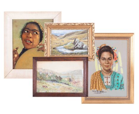 A collection of six various pictures including Rose E Stanton 1906, watercolour and another, N W Pryce oil, Pedro Amorso, Phi