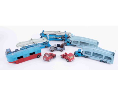 A mixed collection of play worn models including Dinky Pullmore Car Transporter, Dinky Toys Bedford Tractor, Dinky Supertoys 