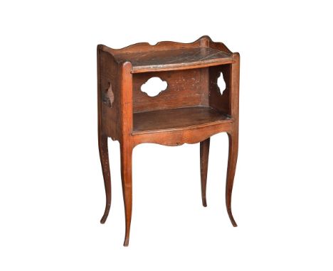A Louis XV provincial oak table de nuit, the serpentine top with mottled liver and white marble slab and waved half gallery w