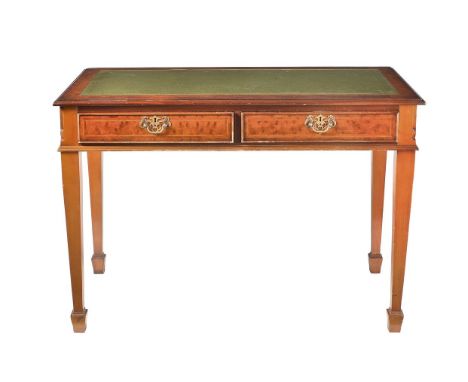 A modern reproduction two drawer side/writing table, walnut effect veneer, square tapering legs, 107cms wide, 76.5cms high, 5