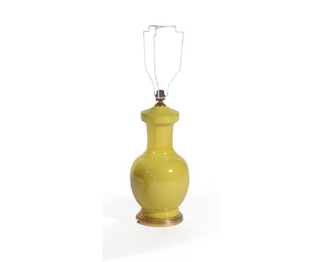 A yellow porcelain vase table lamp, modern, on gilt metal mount, 43cm high overall including electrical fitment