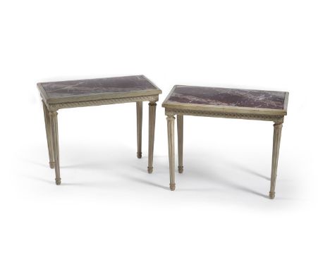 A pair of Louis XVI style grey painted low marble topped tables, the rectangular inset rectangular red-veined marble tops abo