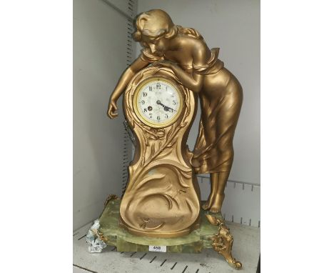 A French figural table clock in spelter and green onyx, 21" (a.f.) 