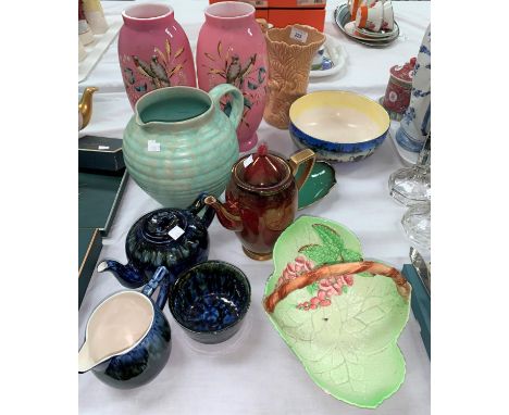 A pair of Victorian hand painted opaque glass vases; 2 1930's jugs; Carltonware; a Porthmadog 3 piece tea set; etc. 