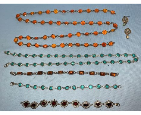 A garnet set bracelet, stamped '9CT'; a pair of opal coloured earrings; necklaces; etc. 