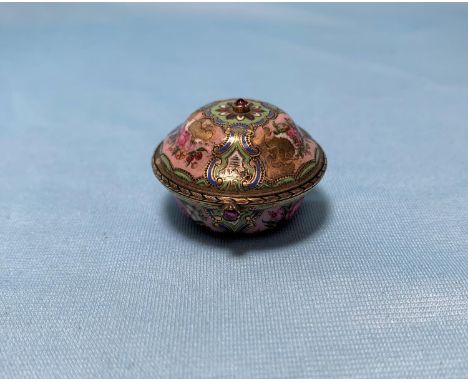 AQ 19th century gold and enamel vinaigrette, set 2 faceted red stones, tests 18 ct, 15 gm (some loss of enamel to grille) 