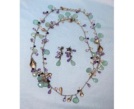 A modern white metal chain necklace set moonstone beads, faceted amethyst and other stones; a pair of matching earrings, boxe