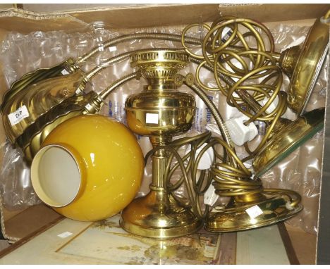 A set of 3 brass reading lamps; a brass reproduction oil lamp; a watercolour; a selection of 18th century style Shakespeare p