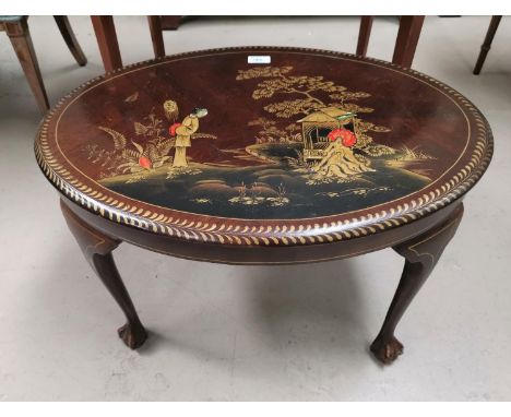 A 1930's walnut occasional table with gilt and colour enamel chinoiserie decoration, 27" 