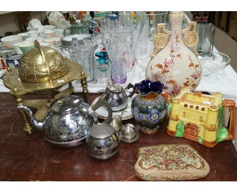 A Doulton Lambeth stoneware vase, 6"; a brass globe in stand; a Castle teapot; etc. 