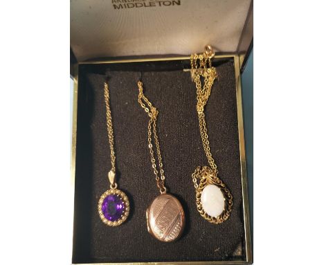 A 9 carat gold pendant set opal; 2 other unmarked pendants; 3 fine chains 