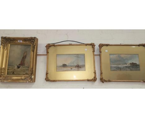 19th Century:  Coastal seascape with sailing boats in choppy seas, unsigned, 11" x 18", framed; a pair of watercolours depict