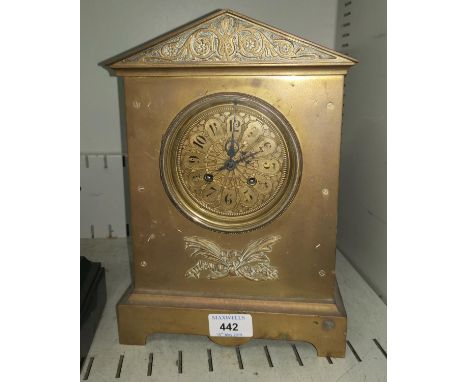 A 19th century mantel clock in architectural brass case with ornate dial and striking French drum movement, height 11.5" 