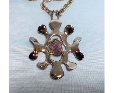 A Danish Brutalist pendant by Jacob Holl, set amethyst geode cluster, with original chain, boxed 