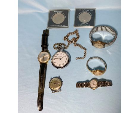 An Ingersoll pocket watch; 2 vintage wristwatches by Ebosa &amp; Timex; etc. 