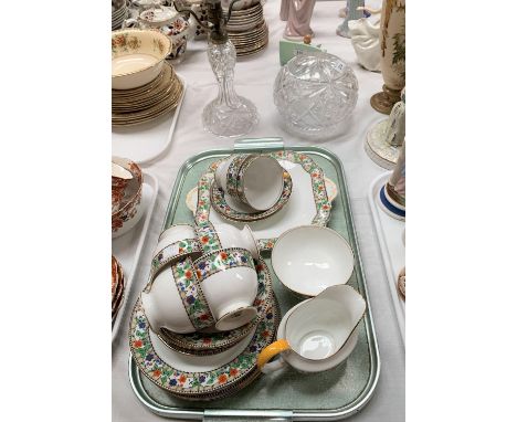 A table lamp with cut glass mushroom top; an Aynsley bone china tea service 